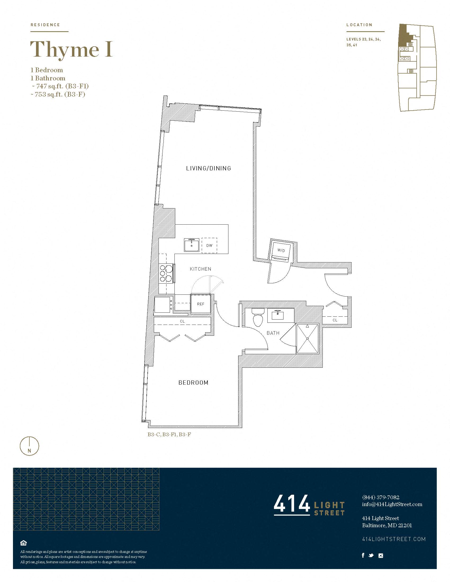 Floor plan for 1 bed, 1 bath, 747 sqft